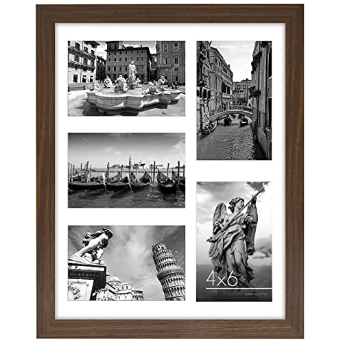 Americanflat 4x6 Collage Picture Frame with Shatter-Resistant Glass - Fits Five 4x6 Photos or Use as One 11x14 Picture Frame - Signature Collection - Collage Frames for Wall Display - Walnut | Overall frame size 11x14, Shatter-resistant glass, hangs verti