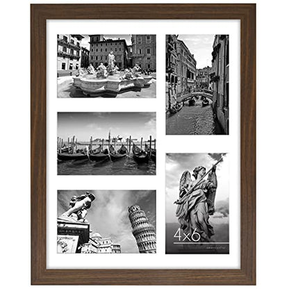 Americanflat 4x6 Collage Picture Frame with Shatter-Resistant Glass - Fits Five 4x6 Photos or Use as One 11x14 Picture Frame - Signature Collection - Collage Frames for Wall Display - Walnut | Overall frame size 11x14, Shatter-resistant glass, hangs verti