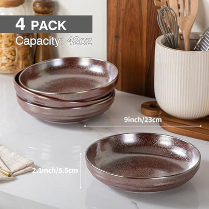 HAPPY KIT Stoneware 9'' Pasta Bowls 42oz Set of 4, Dusty Rose | Stoneware, Reactive Glaze, Ceramic Serving Bowls for Fruit, Soup, Noodle, Dinner, Scratch Resistant - color: DustyRose