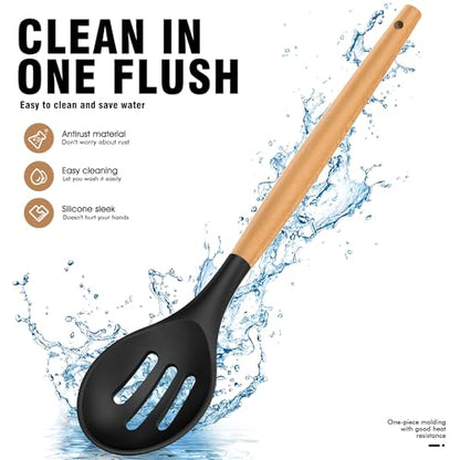Silicone Cooking Utensils Set - AVGPD Silicone Kitchen Utensils for Cooking Wooden Handles, 446°F Heat Resistant Kitchen Utensil Spatula Sets, Gadgets for Non-Stick Cookware BPA FREE (Black) - color: Black