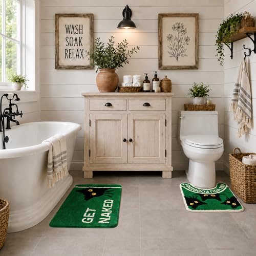 2PCS Black Cat Bathroom Rug Set, Funny Non Slip Bath Mat & Toilet Rug | Matching Black Cat Toilet Rug Included • Funny Bathroom Decor • Quick Dry • Machine Washable • Perfect Home Upgrade - color: Black Cat