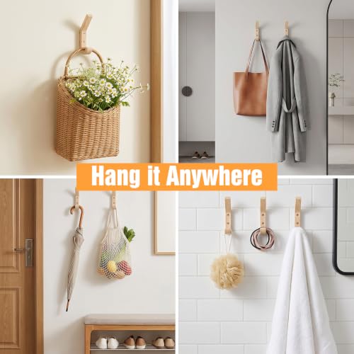 8 Pack Wooden Coat Hooks for Wall, Natural Oak Wood Wall Hooks, Heavy Duty Hat Hanger Hook, J-Shape Double Pegs for Hanging Coats, Towels, Bags, Scarves, Rustic Farmhouse Decor