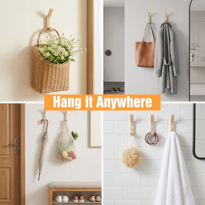 8 Pack Wooden Coat Hooks for Wall, Natural Oak Wood Wall Hooks, Heavy Duty Hat Hanger Hook, J-Shape Double Pegs for Hanging Coats, Towels, Bags, Scarves, Rustic Farmhouse Decor