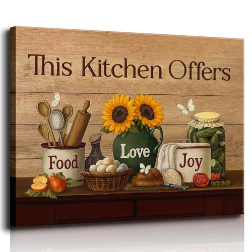 Country Kitchen Food Still Life Wall Art Vintage Rustic Farmhouse Painting Decor This Kitchen Offers Food Love and Joy Posters Prints for Dining Room Home Cafe （16x24 Canvas） - size: 24"L x 16"W