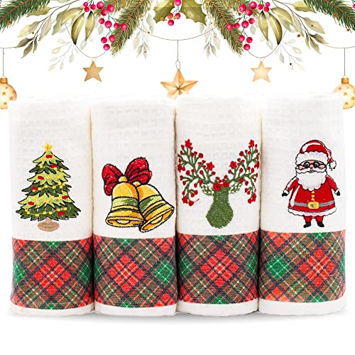 Lavien Home Christmas Kitchen Towels Embroidered, Cotton Dishcloths Decoration for Xmas with Plaid (Set of 4), Waffle Weave Cute Tree, Santa, Bell, Deer, 16 x 23 inches - color: Christmas Red