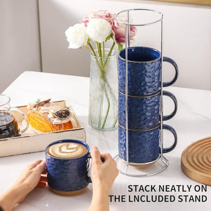 Nihow 16 OZ Ceramic Coffee Mug with Stackable Stand,Set of 4,Blue | Stainless Stand Included, Cappuccino & Tea, Hot/Cold Drinks, Dishwasher & Microwave Safe - color: Vivid Blue, size: 16 oz With Stand