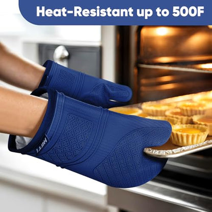Silicone Oven Mitts, Heat Resistant Oven Gloves with Quilted Liner, Waterproof & Non-Slip Kitchen Mittens for Baking Cooking BBQ, 500°F, 12.5"-Madnight Blue - color: Madnight Blue
