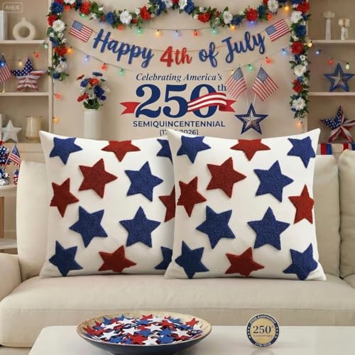 4th of July Patriotic Pillow Covers with Red Blue Stars Embroidered | Pillow Covers 18x18 Independence Day Decor | Tufted Patterned Linen Cushion Case for Couch Sofa
