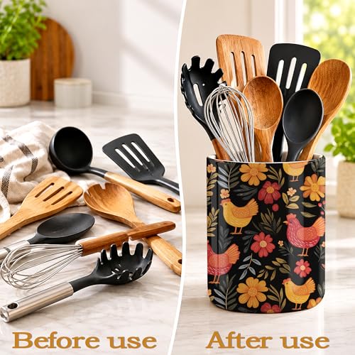 Rooster Hen Kitchen Utensil Holder,Flower Ceramic Utensil Crock for Countertop,Cooking Tools Storage jar for Spatulas and Spoons,Housewarming Gifts 6.3" - color: Rooster Hen Flower