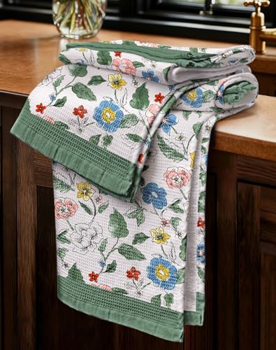 2pcs Cotton Waffle Kitchen Towels, Vibrant Botanical | Waffle Weave, Terry Cloth, Pure Cotton, Sustainable, 16"x26", Highly Absorbent, with Hanging Loop, Giftable Package - color: Vibrant Botanical