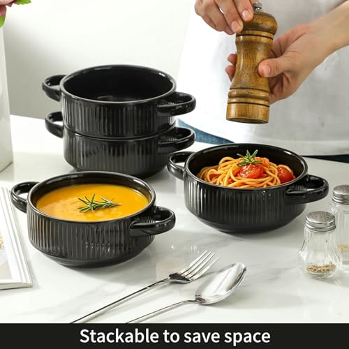 Soup Bowls with Handles, 23 oz French Onion Soup Crocks, Stackable Soup Bowl Oven Safe for Chili, Beef Stew, Embossment Ceramic Bowl Set - 5.4 Inch, Set of 4,Black - color: Black