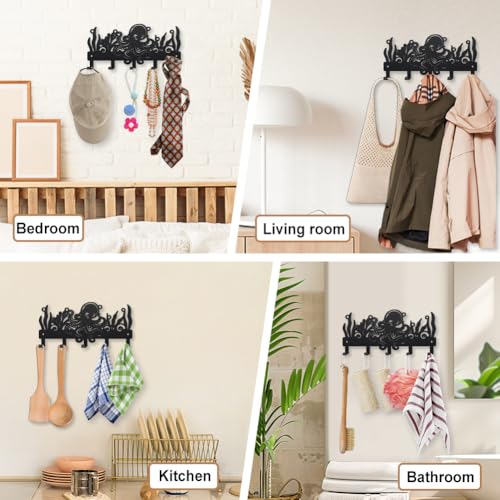 MAYJOYDIY Octopus Marine Life Metal Key Hook 9.8×4.7inch Seagrass Water Plant Bubbles Coat Rack Wall Mounted 5 Hooks Sea Animal Key Holder Black Wall Decor Gift for Coats Hats Towels Bags - style: Octopus Marine Life
