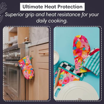 Crae Home Cute Cotton Oven Mitt, Heat-Resistant Kitchen Mitt for Baking Use | Silicone Grip Lined, Hanging Loop, Pot Holder Style Oven Glove, Baking & Cooking, 10.5 x 5.5 Inch, Etching Pattern Mitts Pair - color: Etching