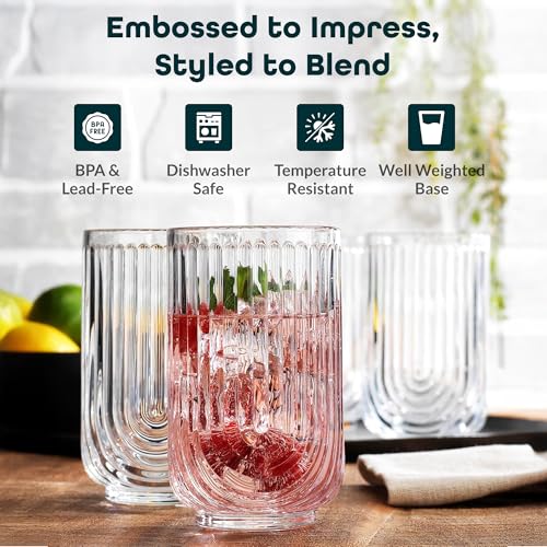 Glaver's Drinking Glasses Set of 8. 17oz Vintage Drinking Cups. Ripple Cocktail Glasses, Ribbed Drinking Highball Glass Cups. Arch Designed Art Deco Glassware for Water Juice Coffee. Package may Vary - style: Clear S/8 17oz
