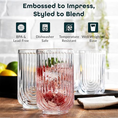 Glaver's Drinking Glasses Set of 8. 17oz Vintage Drinking Cups. Ripple Cocktail Glasses, Ribbed Drinking Highball Glass Cups. Arch Designed Art Deco Glassware for Water Juice Coffee. Package may Vary - style: Clear S/8 17oz
