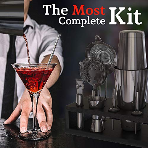 Highball & Chaser 13-Piece Gunmetal Black Stainless Steel Boston Cocktail Shaker Bar Tool Set with Mixology Bartender Kit Accessories - color: Gunmetal Black