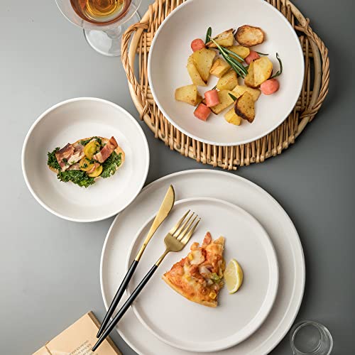 Arora SKUGGA Round Stoneware 16pc Dinnerware Set of 4, Dinner Plates, Side Plates, Cereal Bowls, Mugs - Matte White (466817) - color: White-Bowl/Mug, style: Round-Service for 4(16pcs)
