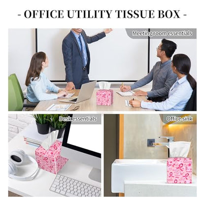 Breast Cancer Awareness Tissue Box Cover Square,Ribbons and Hearts Tissue Box Holder Waterproof Leather Facial Paper Organizer Dispenser for Bathroom Home Car Nightstand Vanity Desk - color: Color-17