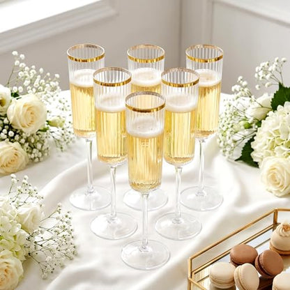 36PCS Plastic Champagne Flutes Ribbed for Weddings & Parties | Gold trim Champagne Glasses, 6 oz, Elegant Sparkling Wine Stemware, Disposable yet Sturdy, for Toasting at Anniversaries