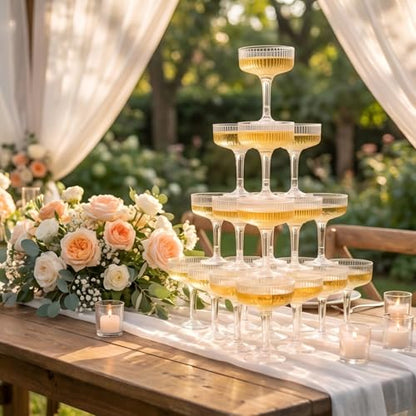 Goodluck 4-Tier Champagne Tower - 20PCS 7oz Clear Plastic Champagne Flutes | Plastic Coupe Glasses with Vertical Stripes for Weddings, Celebrations, Parties & Birthdays - color: Clear