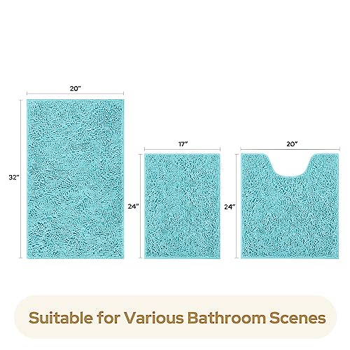 HOMEIDEAS 3 Pieces Bathroom Rugs, Ultra Soft Non Slip Absorbent Chenille Toilet Bath Mat Set (Aqua Blue) - color: Blue-aqua Blue, size: 17"x24"+20"x32"+U Shape 20"x24"