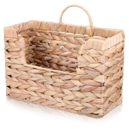 WLLHYF Woven Hanging Magazine Holder Water Hyacinth Storage Basket Wall Mounted Wicker Organizer Boho Modern Farmhouse Book Rack with Handle File Newspaper Mail Holder for Home Office