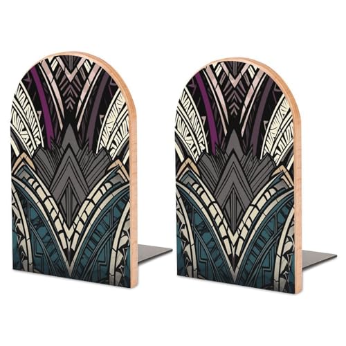 Art Deco Geometric Pattern Wood Bookend for Shelves 1 Pair | Large Beech Wooden Book Ends with Metal Base, Non-Slip Heavy Duty Bookends, Decorative Book Stopper for Home Office Library