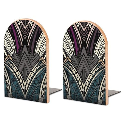 Art Deco Geometric Pattern Wood Bookend for Shelves 1 Pair | Large Beech Wooden Book Ends with Metal Base, Non-Slip Heavy Duty Bookends, Decorative Book Stopper for Home Office Library