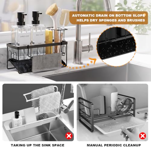 GMISUN Kitchen Soap Dispenser Set, 12 fl oz / 350 ml Dish Soap Dispensers with Sponge Holder, Customized Clear Glass Dish soap Dispenser for Kitchen, Modern Soap Dispensers Set Removable - color: Clear Bottle + Black Rack