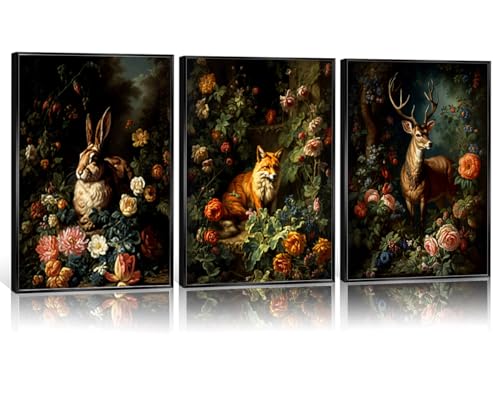 3 pcs wall art Set Forest Animal Fox Elk rabbit Canvas Posters Prints Victorian Gothic Botanical Floral wall art for living room Bedroom Decor Retro Plant Oil Paintings Prints Unframed 16x24in - color: Colorful, size: 16x24 in-Unframed