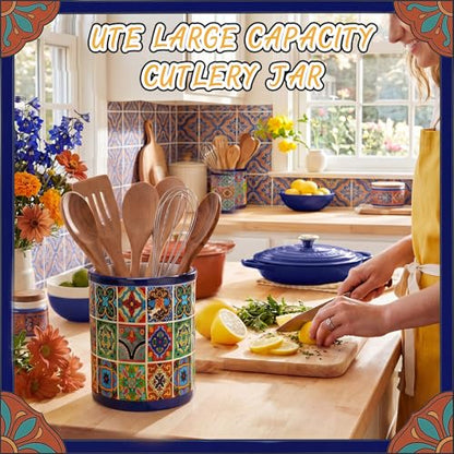 LemonRoad 6.7" H Talavera Utensil Holder for Kitchen Counter Mexican Pottery Ceramic Cooking Utensil Crock Modern Farmhouse Countertop Organizer for Spatula Ladle Kitchen Counter Decor - style: Talavera
