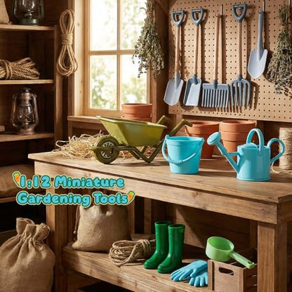 1:12 Scale Miniature Dollhouse Garden Tools Set | Mini Plastic Gardening Kit, Shovel, Rake, Hoe & Watering Can, Fairy Garden, Micro Landscape & DIY Craft Decoration