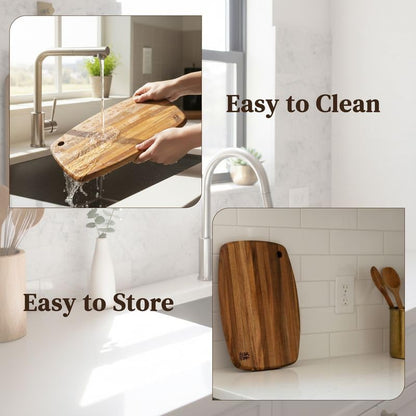 Set of 2 Acacia Wood Oval Cutting Boards 14" x 10" x 0.6" Thin, Handle & Hanging Hole, Edge Grain Solid Hardwood for Kitchen Prep, Cheese, Fruit, Bread, Non-Toxic, BPA/Plastic Free by New M Way - size: 14" x 10" x 0.6" (Set 2)