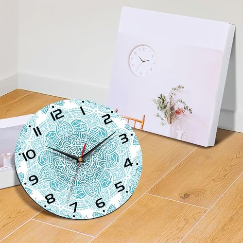 Teal Mandala Flower Wall Clock, Silent Non-Ticking, Battery Operated, Wooden Decorative Round Clock with Arabic Numerals, 10 Inch - color: Teal Mandala Flower