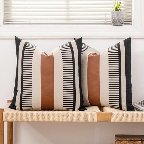 Set of 2 Farmhouse Striped Pillow Cover 18x18 Boho Accent Cushion Case Faux Leather Decorative Pillowcase,Black and Beige (Cover ONLY) - color: Black and Beige, size: 18" x 18" (Pack of 2)