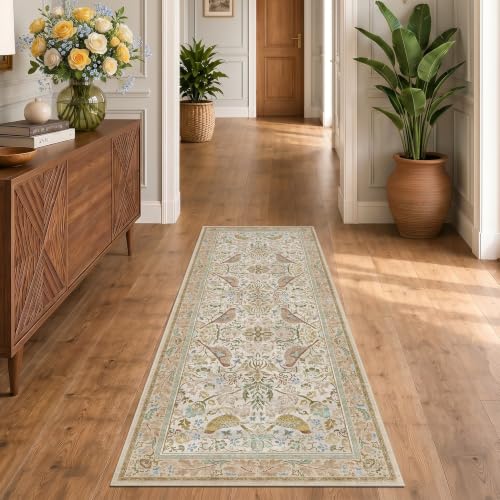Boho Long Bathroom Runner Rug 2x6 - Floral & Bird Runner Rug for Kitchen Floor, Hallway, Laundry Room, Bedroom, Entrance, Beige Neutral Vintage Decor, Washable Non Slip Low Pile - color: Beige, size: 2' x 6' (Runner)