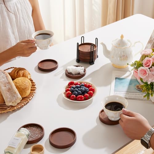 Set of 6 Wooden Coasters with Holder-Coffee Table Coasters for Drink | Wood Coaster Set for Modern Home Decor, Home Dining Table Decor Cute Beer Bar Coasters Decorative Rustic Outdoor Coasters
