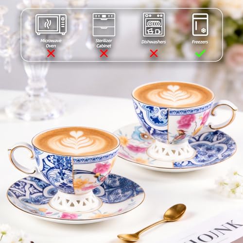 KAMMAK Tea Cups and Saucers Set of 2, Fine Bone China Coffee Cups, GH011 | Stackable Espresso Mugs, Ceramic Demitasse for Coffee, Cappuccino, Latte, Americano, Tea - size: 8KPGH011