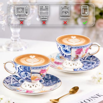 KAMMAK Tea Cups and Saucers Set of 2, Fine Bone China Coffee Cups, GH011 | Stackable Espresso Mugs, Ceramic Demitasse for Coffee, Cappuccino, Latte, Americano, Tea - size: 8KPGH011