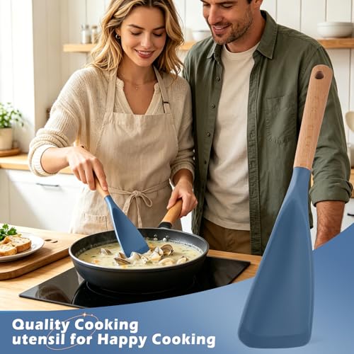 Cooking Spoon for Nonstick Cookwares, Multifunction Spatula Spoon, Great for Both Cooking and Serving, Wood Handle Spoon for Stirring, Mixing, Serving (2, BLUE) - color: Blue