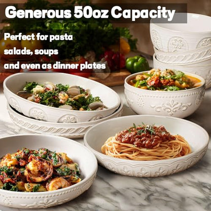 Pasta Bowls, 50oz Large Salad Serving Bowls, 9.75'' Plates Bowl Set of 4, Big White Ceramic Soup Bowl for Kitchen, Embossment Shallow Dinner Bowl, Microwave Dishwasher Safe, Damask Floral - color: White (Damask Floral)