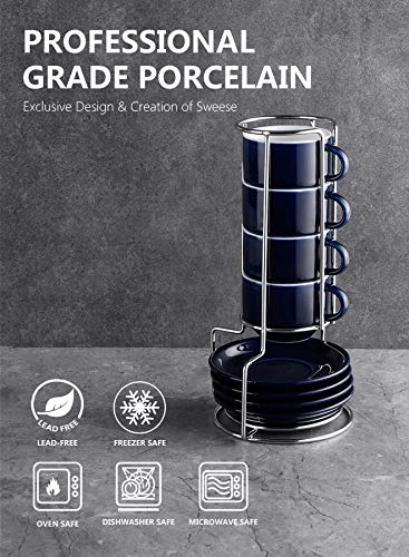 Sweese 4 Ounce Porcelain Stackable Espresso Cups with Saucers and Metal Stand Set of 4, Navy - color: Navy, size: 4 Ounces