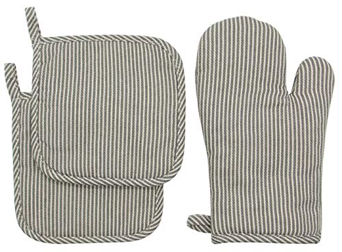 Cotton Oven Mitts and Pot Holders Set, Grey Stripes, Set of 3 | Quilted Oven Mitts Heat Resistant, Pot Holders and Oven Mitts For Kitchen