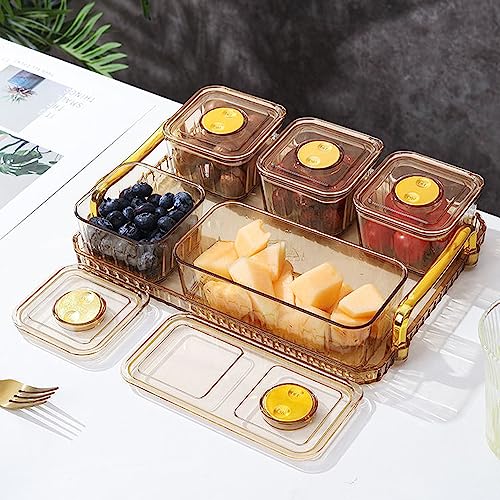 Divided Serving Dish with Lids & Handles, Clear Appetizer Tray Serving Platter with 5 Removable Stackable Snack Bowls for Fruit Candy Nuts Snacks Chips and Dips (Gold) - color: Gold