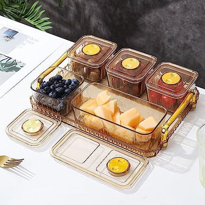 Divided Serving Dish with Lids & Handles, Clear Appetizer Tray Serving Platter with 5 Removable Stackable Snack Bowls for Fruit Candy Nuts Snacks Chips and Dips (Gold) - color: Gold