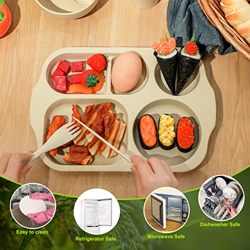 Honoson 24 Pcs Wheat Straw Dinnerware Cutlery Set, Service for 4, Unbreakable Plates and Bowls Set - Divided Plates, Bowls, Spoons, Forks & Knives, Microwave & Dishwasher Safe(Beige) - color: Beige