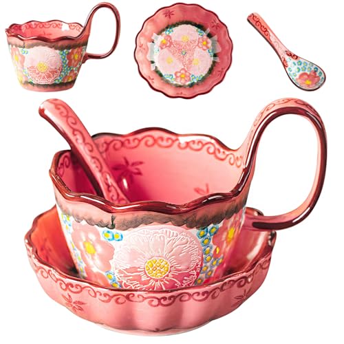 Soup Bowls with Handles, 3Pcs Ceramic Pink Plates and Bowls Sets with Cup, Spoon & Plate, Soup and Sandwich Plate Combo, Polish Pottery Mug for Breakfast, Snacks, Dessert, Dishwasher & Microwave Safe