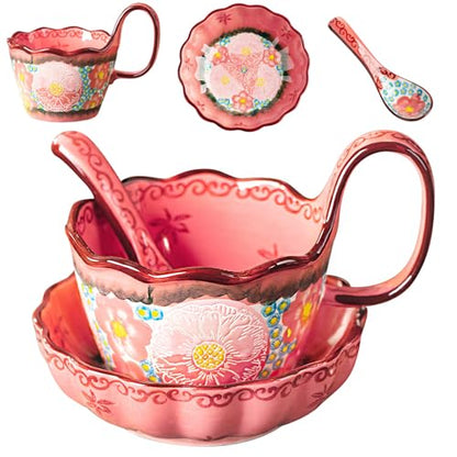 Soup Bowls with Handles, 3Pcs Ceramic Pink Plates and Bowls Sets with Cup, Spoon & Plate, Soup and Sandwich Plate Combo, Polish Pottery Mug for Breakfast, Snacks, Dessert, Dishwasher & Microwave Safe