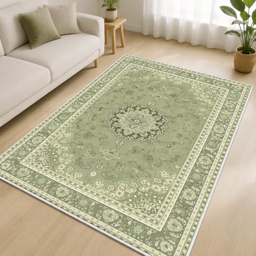 Boho Green Area Rug 3x5 Soft Machine Washable Neutral Vintage Area Rug with Non-Slip Backing Low Pile Throw Rugs for Entryway, Living Room, Kitchen, Kis Room, Office, Bedroom, Laundry Mat Carpet Decor - color: Green, size: 3' x 5' (Rectangular)