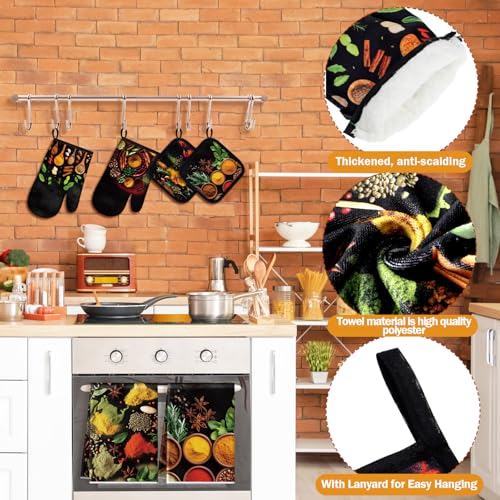 Teenyyou 8 Pcs Colorful Spices Kitchen Towels Pot Holders and Oven Mitt Set 4 Cooking Herb Dish Towels 2 Rustic Absorbent Square Potholders 2 Heat Resistant Glove for Cooking Baking Home Gifting - style: Colorful Spices